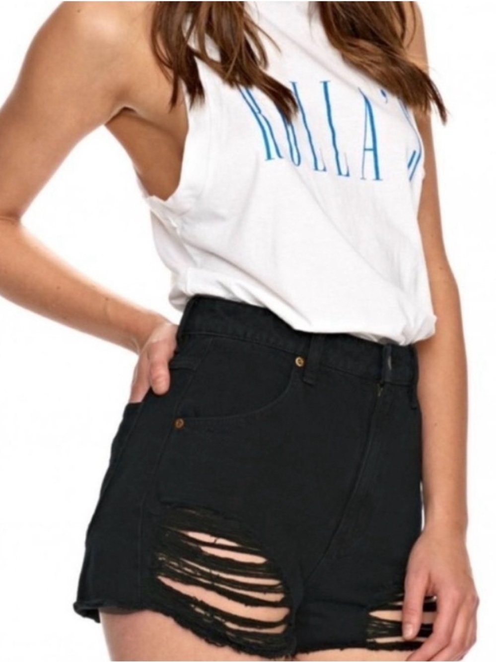 ROLLA'S Black Denim High Rise Cut Off Shorts with Branded Button